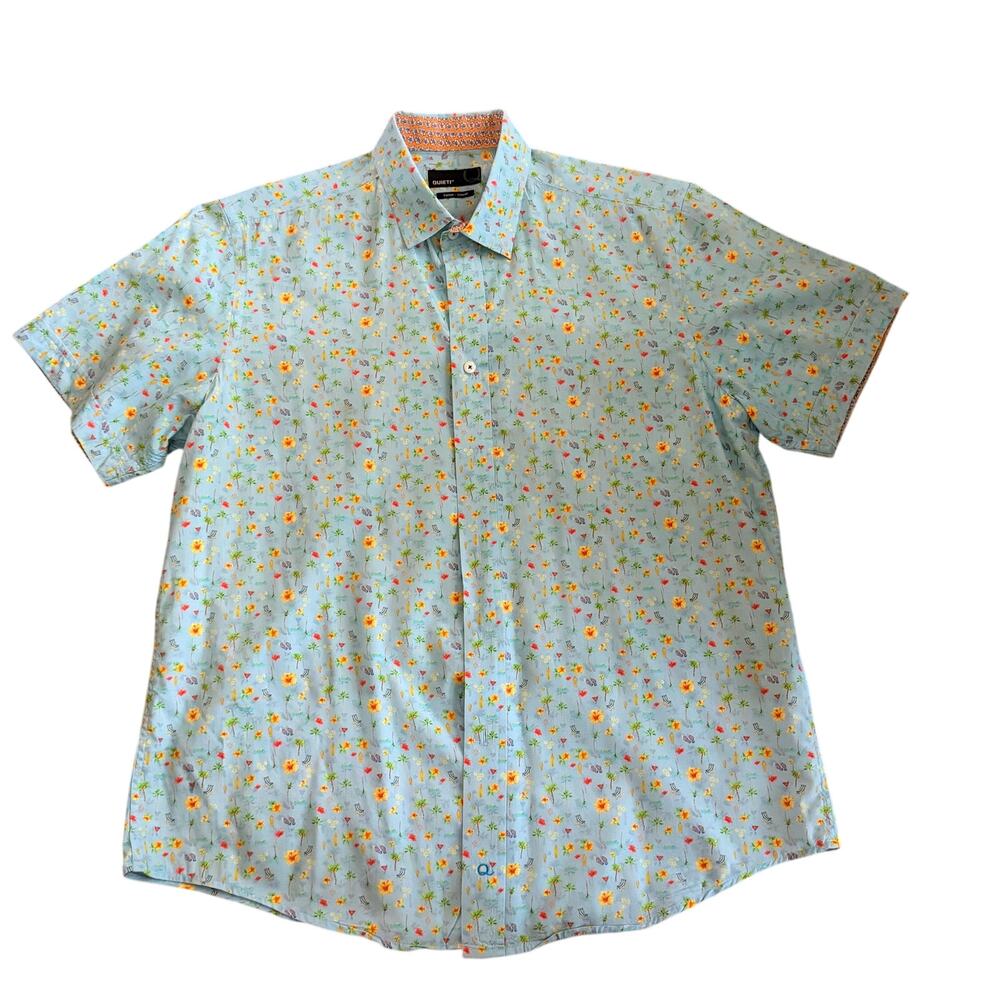 Quieti Mens SZ L Short Sleeve Button Shirt Blue Beach Print Palm Trees